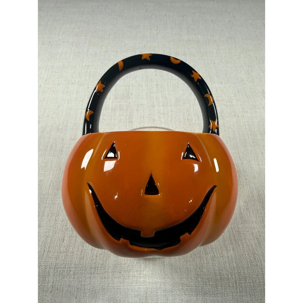 Halloween Ceramic Jack O Lantern Pumpkin Candy Basket Orange Black Stars Fall